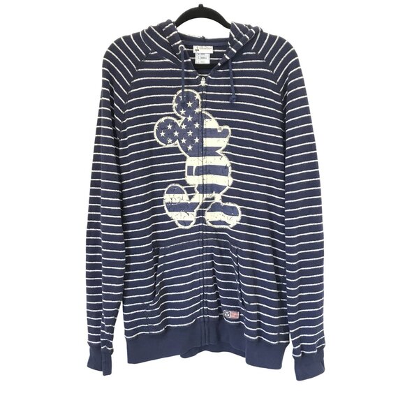 Disney Parks USA L Navy White Striped Mickey Mouse Hoodie Sweatshirt Zip-Up - Picture 1 of 8